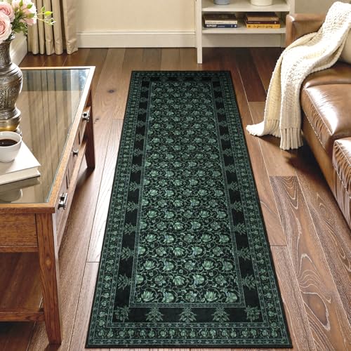 Lahome Black Kitchen Runner Rug 2x6, Low Plie Rug Runners for Hallways Non Slip, Vintage Floral Washable Runner for Entryway Laundry Room Bathroom (2'x6', Black/Green) - color: Black/Green, size: 2' x 6'