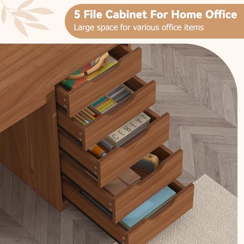 47 Inch Computer Desk with 5 Drawers and Power Outlets for Small Spaces | Home Office Desks with Storage File Cabinet and Charging Station, Modern Simple Laptop Desk Writing Table, Brown - color: Brown