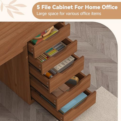 47 Inch Computer Desk with 5 Drawers and Power Outlets for Small Spaces | Home Office Desks with Storage File Cabinet and Charging Station, Modern Simple Laptop Desk Writing Table, Brown - color: Brown