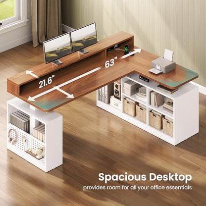 SEDETA L Shaped Electric Standing Desk, 63 inch Gaming Computer Desk with Storage Shelves and LED Lights, Height Adjustable Office Desk with Power Outlet and Pegboard, Brown Desktop - color: Brown