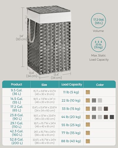 SONGMICS Laundry Hamper with Lid, 17.2 Gallon (65 L) Synthetic Rattan Clothes Laundry Basket with Lid and Handles, Foldable, Removable Liner, Dove Gray ULCB165G01 - color: Dove Gray, size: 65 L