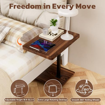 Large C-Shaped End Table, Swivel TV Tray, Couch Side Table Walnut | Adjustable Height 360° Swivel, Slide Under Sofa, Multi-Use Couch/Bed/Overbed Table, Small TV Dinner Tray For Couch Dining - color: Dark Walnut