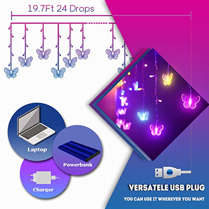 Butterfly Fairy Lights for Bedroom Curtain Ceiling Wall Decor USB Plug-in 120 Led 19.7FT Twinkle String Light with Remote, for Toddler Teen Girls and Christmas Decorations