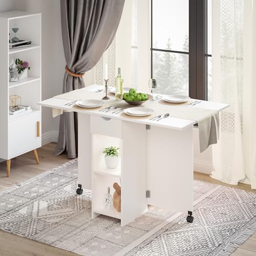 Mondeer Folding Dining Table with Drawer and Shelves, White | Drop Leaf Kitchen Table with 1 Drawer and 2 Storage Shelves in Modern Style for Small Spaces and Seats 4-6 People. - color: White