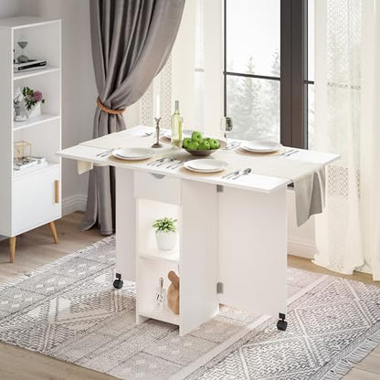 Mondeer Folding Dining Table with Drawer and Shelves, White | Drop Leaf Kitchen Table with 1 Drawer and 2 Storage Shelves in Modern Style for Small Spaces and Seats 4-6 People. - color: White