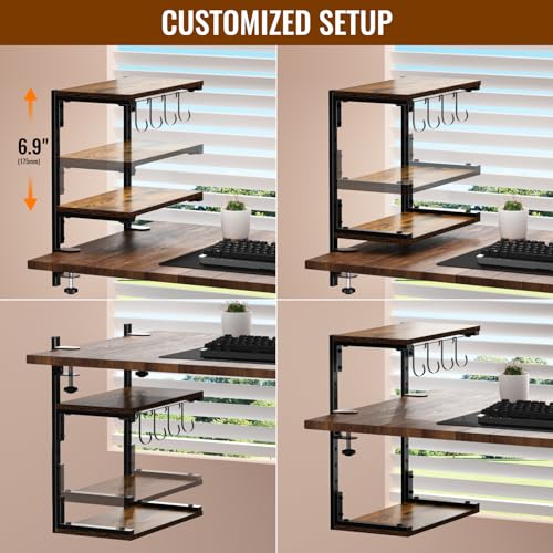 Clamp-On Desk Organizer Shelf, 13 inch Adjustable Height and Versatile Hook, Above or Below Desk 2-Tier Shelving, Shelving for Table Accessories, Gaming Devices, and More