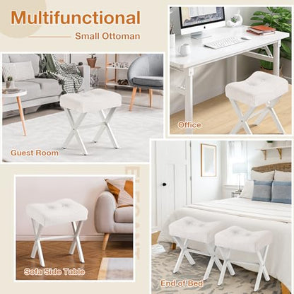 18-Inch Vanity Stool Chair, White Padded Saddle Makeup Stool | Teddy Flannel Vanity Bench, Metal X-Leg, 300 LBS, 16.3"x12.4"x18", Ottoman Accent Stool, Breathable Soft Saddle Seat - size: Small, style: White Fabric