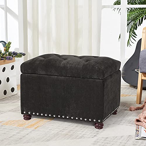 Ottoman with Storage,24" Fabric Ottoman Foot Rest with Hinged Lid Small Rectangle Upholstered Tufted Foot Stools Ottomans for Bedroom Living Room Entryway,Black - color: Black