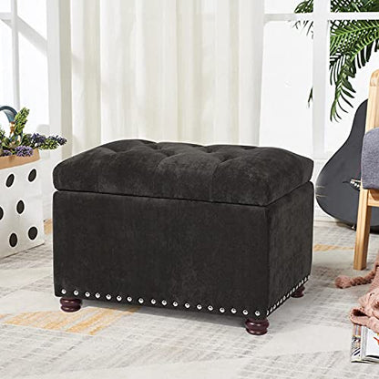 Ottoman with Storage,24" Fabric Ottoman Foot Rest with Hinged Lid Small Rectangle Upholstered Tufted Foot Stools Ottomans for Bedroom Living Room Entryway,Black - color: Black