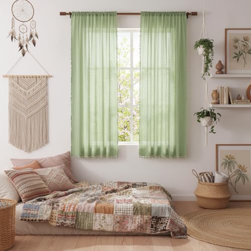 WAZZIO Boho Lace Curtains 63 Inches 2 Panel,Light Filtering Privacy Tassel & Geometry Crochet Semi Sheer Curtain Drapes for Bedroom Living Dining Room,Rod Pocket & Tassel,Grass Green - color: Grass Green, size: 59"W x 63"L (Pack of 2)