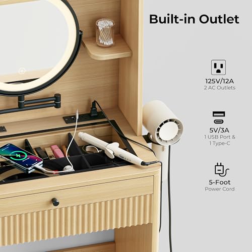 IRONCK Small Vanity Desk with LED Mirror, Glass Top & Storage Stool | 26-inch oak vanity with adjustable mirror arm, 3 light modes, 2 drawers, charging station, and tuck-away storage stool.