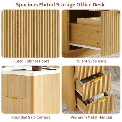 63" Fluted Computer Desk with Charging Station and Storage for Bedroom, Home Office | Home Office Desk with 6 Drawers and Power Outlet, Executive Study Writing Desk with Cabinet, Natural