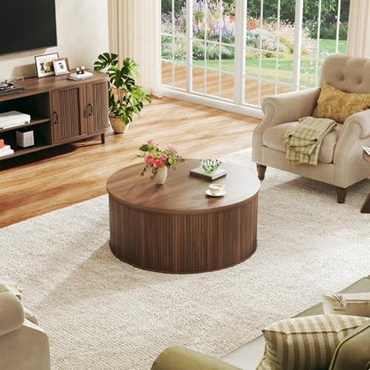 HUAHUU Round Coffee Table with Storage, 31.5" Lift Top Coffee Table, Mid Century Modern Coffee Tables for Living Room, Apartment Office, Fluted Table with Rustic Wood Desktop, Walnut