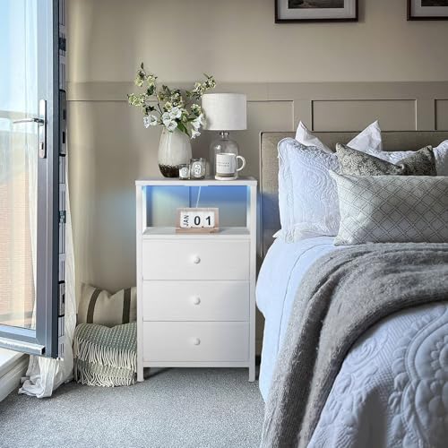 BOLUO White Night Stand with 3 Fabric Drawers, Nightstand with Charging Station LED Nightstand for Bedroom, Bedside Table with USB Ports and Outlets Modern - color: A.white, size: 11.8"D x 15.7"W x 28"H(3 drawers)
