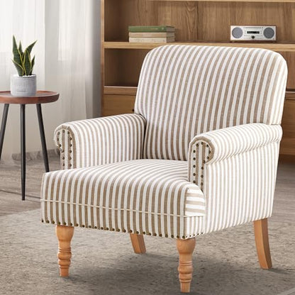 HUIMO Linen Fabric Accent Chair, Mid-Century Modern Armchair with Solid Wood Legs, Single Sofa Chair,Upholstered Reading Club Chair (1, Brown and White Stripe) - color: Brown and White Stripe