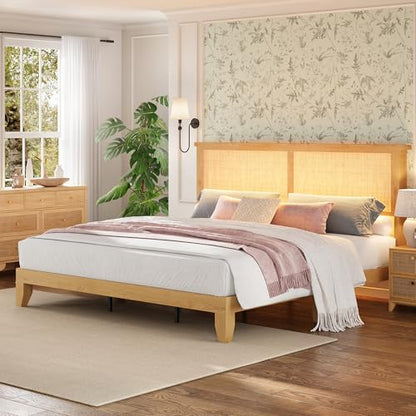 Garvee Bohemian King Rattan Bed LED Natural Headboard Bedroom | Bohemian king rattan bed with natural headboard, LED lights, solid wood frame. No box spring needed for bedroom use. - size: King(0 Drawers)