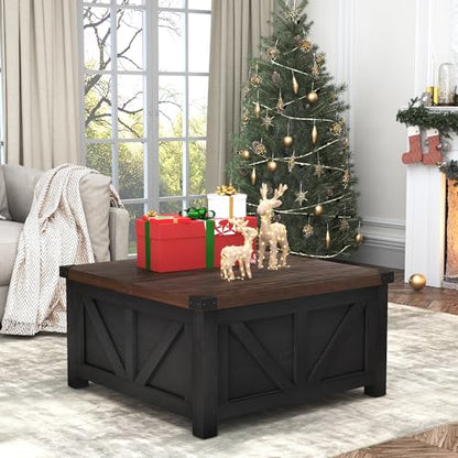 jimeimen Farmhouse Lift Top Coffee Table with Storage, Wood Square Center Table with Charging Station&USB Port, Living Room Table w/Large Hidden Space, for Living Room, Bedroom, Home Office, Black - color: Black
