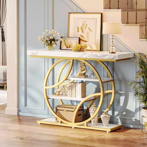 Huuger 41.3 Inch Entryway Table, Console Table with Shelves, Sofa Table | Entrance Table, Console Tables for Entryway, Hallway, Entrance, Foyer, Living Room, O-Shaped Hall Table, White Marble & Gold - color: Marble Gold, size: 11.8"D x 41.3"W x 31.5"H