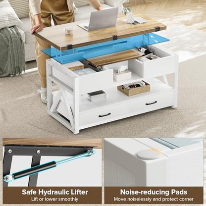 40" Lift Top Coffee Table with Storage,White | 4 in 1 Multi-Function Lifting top Coffee Tables with Storage Drawers and Hidden Compartmen,for Living Room - color: White+brown