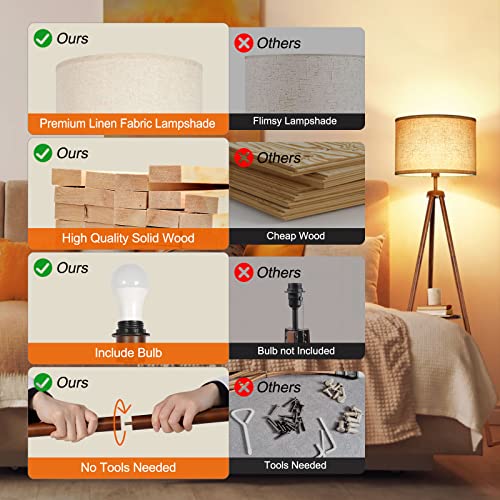 OUTON Wood Tripod Floor Lamp with Shelves, Mid Century LED Modern Dimmable Floor Lamp with Remote Control, Sturdy Tall Standing Lamp with Beige Linen Texture Shade for Living Room, Bedroom, Office - color: Walnut