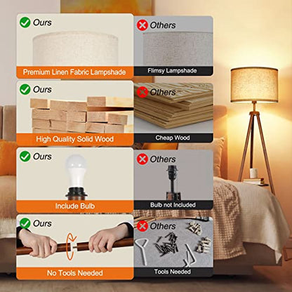 OUTON Wood Tripod Floor Lamp with Shelves, Mid Century LED Modern Dimmable Floor Lamp with Remote Control, Sturdy Tall Standing Lamp with Beige Linen Texture Shade for Living Room, Bedroom, Office - color: Walnut