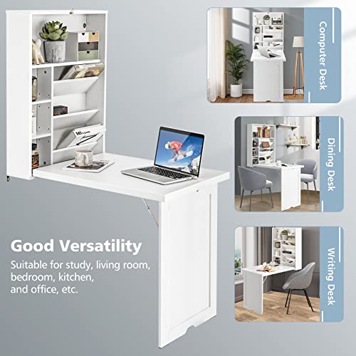 GOFLAME Wall Mounted Folding Desk, 3-Tier Tilt Storage Partition With Adjustable Shelves, Space-Saving Floating Laptop Desk, Convertible Writing Table for Home Office, White - color: White