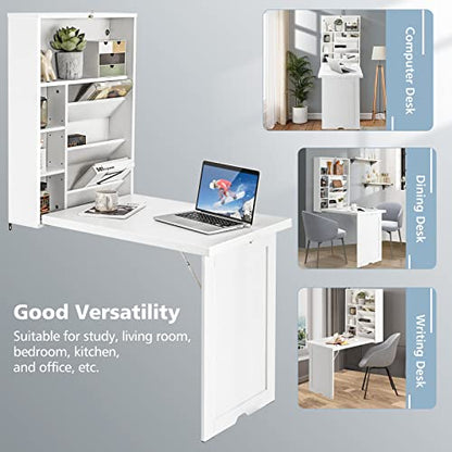 GOFLAME Wall Mounted Folding Desk, 3-Tier Tilt Storage Partition With Adjustable Shelves, Space-Saving Floating Laptop Desk, Convertible Writing Table for Home Office, White - color: White
