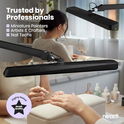 Neatfi XL 2,500 Lumens 30W LED Task Lamp for Manicure Table, Crafts, Workbench, Office – 22” Wide Shade Desk Light | Eye-Caring 6500K | 4-Level Brightness (Black, Non-CCT with Clamp) - color: Black