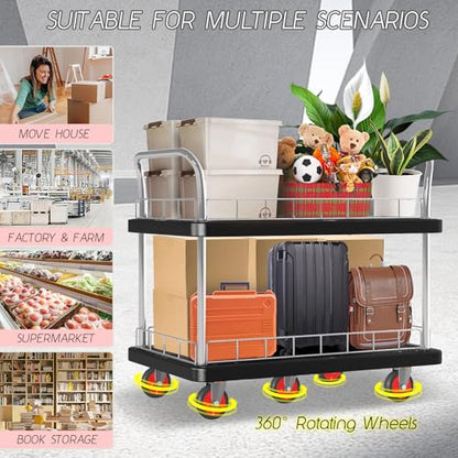 Utility Service Cart 2 Shelf - 880lbs Capacity Heavy-Duty Plastic Rolling Utility Carts with 5 of 360° Swivel Wheels and Handle, Large Service Cart for Groceries, Warehouse,Garage 43.5''x25.6'' - color: 880lbs