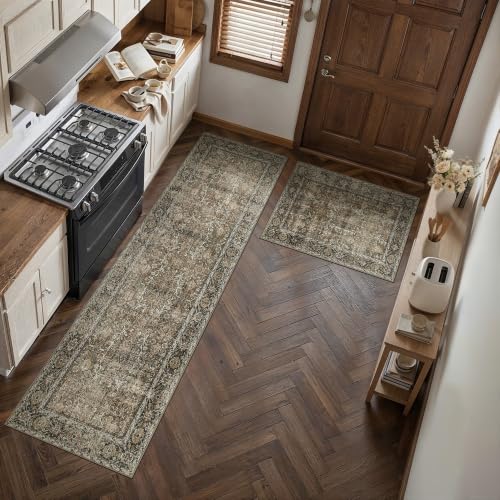 Brown Kitchen Rug Set 2 Piece 2x3+2.6x8 Vintage Distressed | Washable, Non Slip, Low Pile, Floor Mats for Entryway, Kitchen, Bathroom, Laundry Room, Farmhouse Decor - color: Accent Brown, size: 2'x3'+2'6"x8'