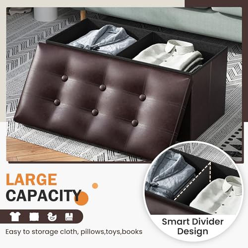Youdesure Folding Storage Ottoman Bench, 30 inch Faux Leather Footrest Couch for Living Room, Storage Bench with Padded Seat for Bedroom Hallway, Holds up to 350lbs, Brown | Foldable ottoman with hidden storage, padded seat and sturdy MDF frame for everyd
