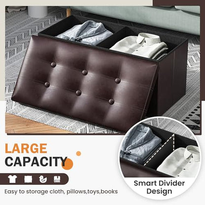 Youdesure Folding Storage Ottoman Bench, 30 inch Faux Leather Footrest Couch for Living Room, Storage Bench with Padded Seat for Bedroom Hallway, Holds up to 350lbs, Brown | Foldable ottoman with hidden storage, padded seat and sturdy MDF frame for everyd