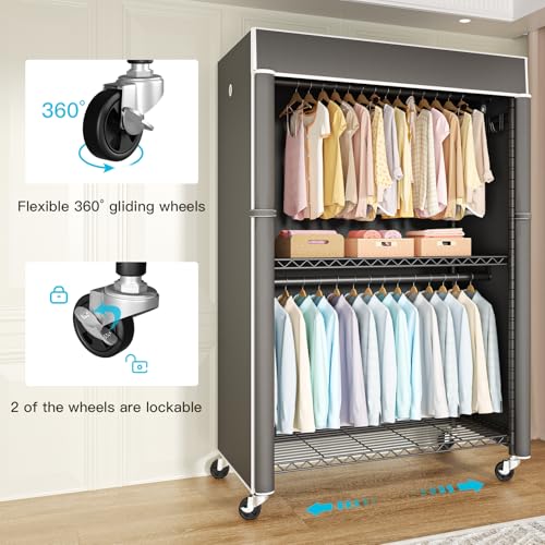 Black Clothing Rack with Dark Gray Cover, P1C Plus Rolling Closet | Metal Garment Rack with Wheels for Hanging Clothes, Portable Clothing Storage Wardrobe - color: Black Rack with Dark Gray Cover