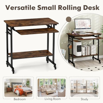 Tangkula Rolling Computer Desk Cart with Keyboard Tray, Mobile Portable Laptop PC Desk with CPU Stand & 3 Hooks for Sofa & Bed, Industrial Small Desk on Wheels for Small Spaces, Home Office Desk - color: Rustic Brown