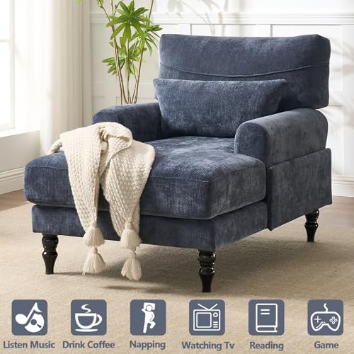 Chaise Lounge Chair Indoor Bedroom, Comfy Lounge Chair with Wide Armrest & Backrest for Small Space, Thick Cushion, High-Density Foam, Waist Pillow, Chenille (Blue) - color: Blue