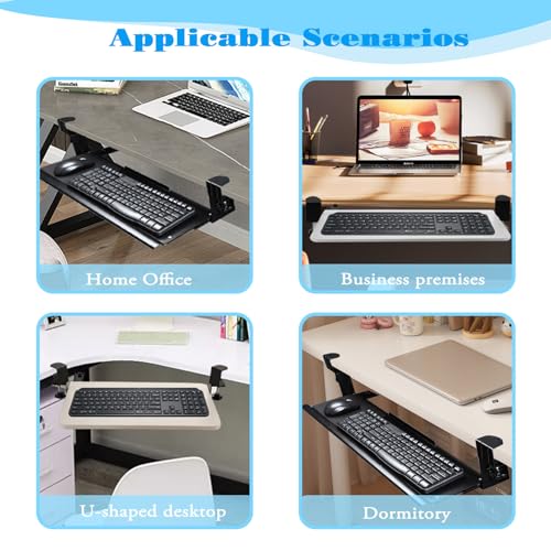 Sliding Keyboard Tray Under Desk Slide, 45°Swivel Keyboard Tray Keyboard Holder for Desk Pull Out Keyboard Drawer Under Desk Keyboard Tray Slide Out Clamp on Desk Shelf (Modern)