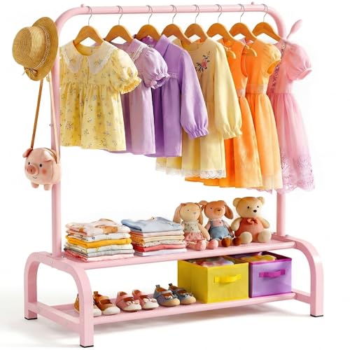 Kids Clothes Rack for Ages 3-6, Montessori Kids Clothing Rack, Pink | Kids Dress Up Rack with 2 Fabric Storage Shelves & Side Hooks, Toddler Wardrobe Rack for Costumes, Princess Dresses and Shoes - color: Pink, size: 31.5"W x 15.7"D x 42.5"H