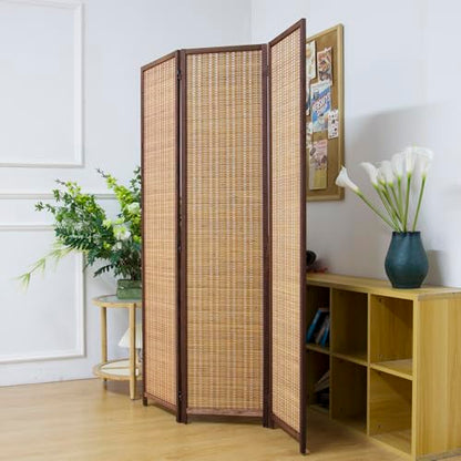 3 Panel Bamboo Room Divider Screen,5.6 FT Tall Bamboo Divider Folding Panel Screen,Freestanding Panel Divider for Room Seperation,Brown - color: Brown, size: 3 Panel