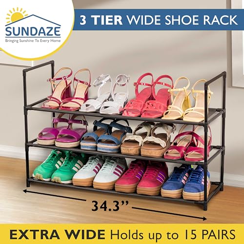 Sundaze Shoe Rack - 3 Tier Shoe Rack for Front Door Entrance, Sturdy Long Shoe Organizer for Closet, Bedroom, Entryway, Garage, Non Woven Fabric Shelf, Black, Holds Up to 15 Pairs - size: 3 Tier (34.3" W)