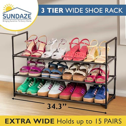Sundaze Shoe Rack - 3 Tier Shoe Rack for Front Door Entrance, Sturdy Long Shoe Organizer for Closet, Bedroom, Entryway, Garage, Non Woven Fabric Shelf, Black, Holds Up to 15 Pairs - size: 3 Tier (34.3" W)