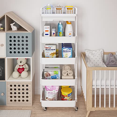 Calmootey 5-Tier Rolling Utility Cart with Drawer,Multifunctional Storage Organizer with Plastic Shelf & Metal Wheels,Storage Cart for Kitchen,Bathroom,Living Room,Office,White | Space-Saving Organizer, Sturdy Plastic Shelves, Smooth-Rolling Metal Wheels,