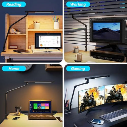 Adjustable LED Desk Lamp Modern Black - Clamp Mount Office Table Light with Desktop Remote Control, Adjustable Brightness & Color Temperature, 5 Lighting Modes for Reading, Computer, DIY