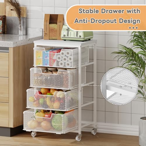 4-Tier Kitchen Storage Cart - Fruit Vegetable Storage Cart with Drawers, Wooden Top Metal Wire Kitchen Organizer and Storage Cart with Wheels to Storage Onions Potatoes Cans Snacks for Kitchen - size: 4-Tier White