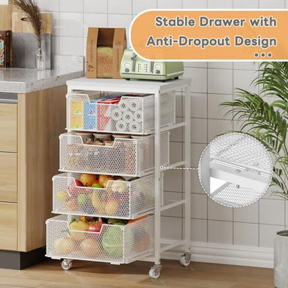 4-Tier Kitchen Storage Cart - Fruit Vegetable Storage Cart with Drawers, Wooden Top Metal Wire Kitchen Organizer and Storage Cart with Wheels to Storage Onions Potatoes Cans Snacks for Kitchen - size: 4-Tier White
