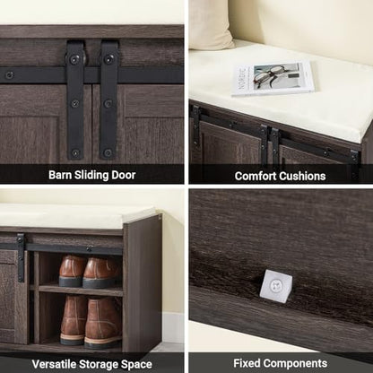 Haotian Entryway Shoe Storage Bench | Shoe Rack Bench with Sliding Barn Doors, Drawer & Padded Seat Cushion, Rustic Window Bench for Mudroom