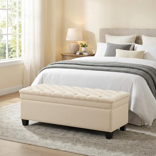 50" Storage Ottoman Bench, Rectangular End of Storage Bench, Upholstered Large Fabric Tufted Ottoman with Storage for Living Room, Bedroom, Entryway,Khaki - color: Khaki