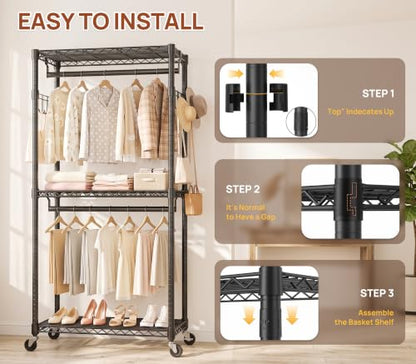 Duty Rolling Rack, 3-Tier Adjustable Clothes Rack with Double Rods, Black | Heavy Duty Rolling Rack, Double Rods, Adjustable Shelves, Side Hooks, Lockable Wheels, Carbon Steel, Rustproof, Easy Assembly - color: BLACK, size: 23.6IN