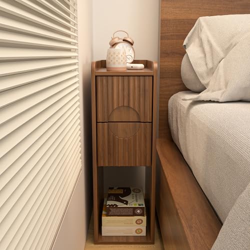 Narrow Fluted Nightstand, Wooden Small 2 Drawer Nightstand, Slim Side End Table, Vintage Bedside Table, Mid Century Modern Night Stand with Drawers, for Bedroom, Walnut, 1 Pc - color: Z01-walnut-1 Pc