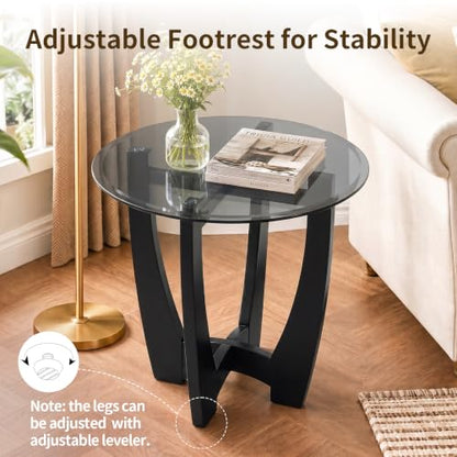 Glass End Table, 23.5" Round Side Tables with Black Tempered Glass Top Cross and Solid Wood Base Small Night Stand for Living Room Office Apartment Black - color: D-3, size: Round