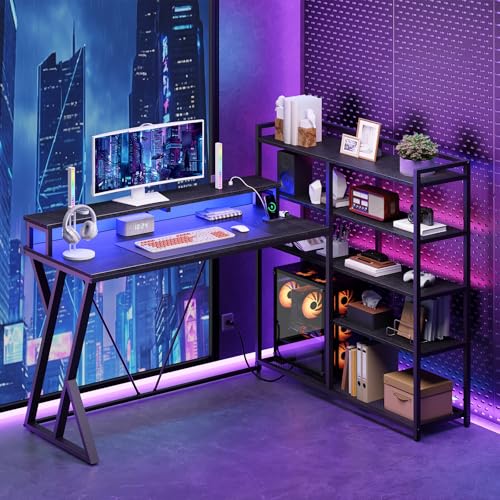 L Shaped Gaming Desk with Bookshelf, 52'' Reversible Computer Desk with LED Light & Power Outlet, Corner Desk with Storage Shelves and Monitor Stand for Home Office, Black